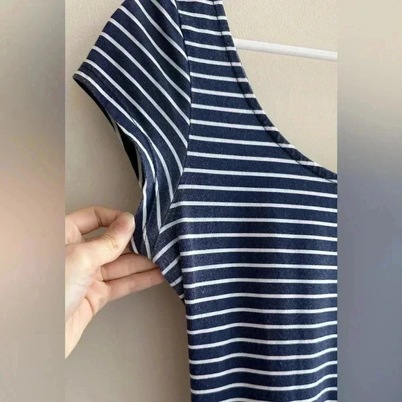 American Eagle Outfitters Blue and White Fit & Flare Dress w/ Crossed Open Back - Picture 5 of 16